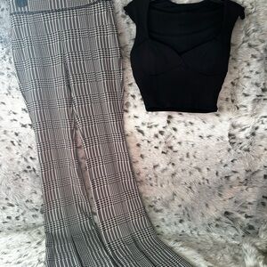 1064. Alo Jacquard High-Waist Glenplaid Flutter ribbed sweetheart black top set